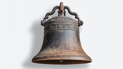 Obraz premium An antique bell with intricate designs, showcasing its weathered texture against a neutral background