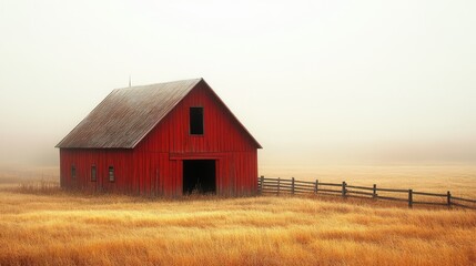 Obraz premium A solitary red barn stands in a foggy landscape, surrounded by golden grass and a rustic wooden fence