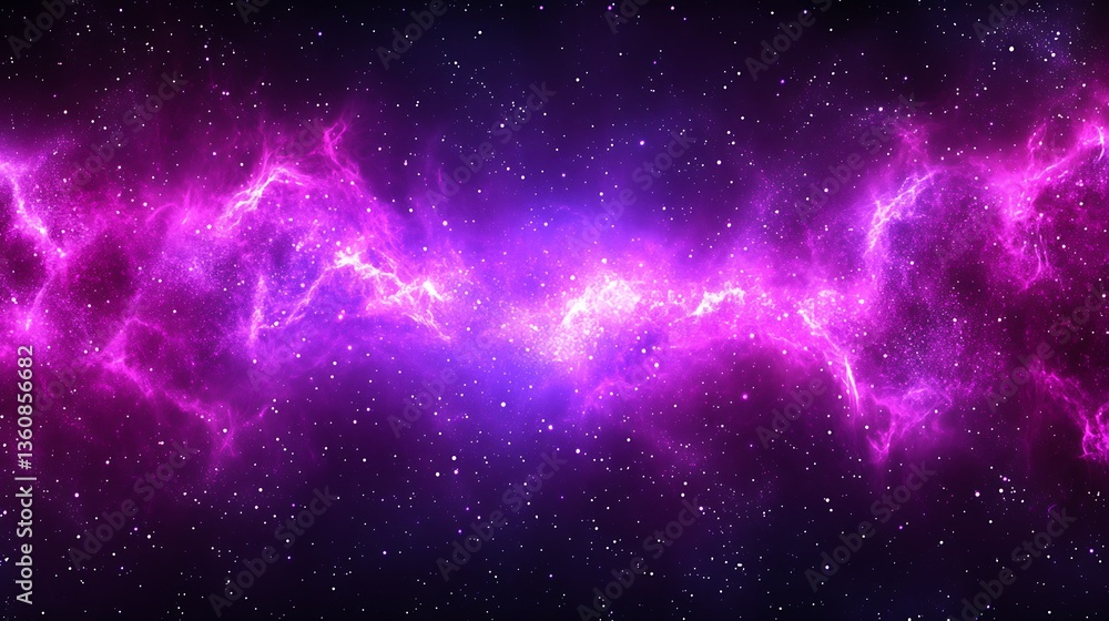 Poster violet cosmos with illuminated nebula formations in an infinite universe