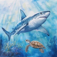 Fototapeta premium Majestic Great White Shark and Turtle in Aquatic Habitat