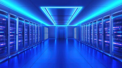 Fototapeta premium Futuristic server room lit with neon blue light. Possible use Technology stock photo