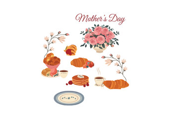 Elegant Mothers Day Breakfast with Croissants, Coffee, Flowers, Muffin, and Romantic Decor