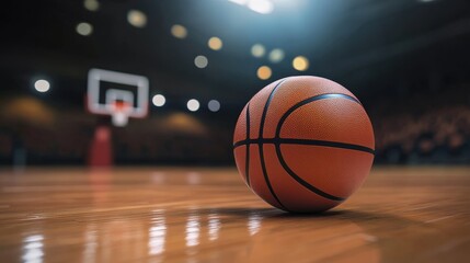 Obraz premium A basketball resting on a wooden court in a gymnasium