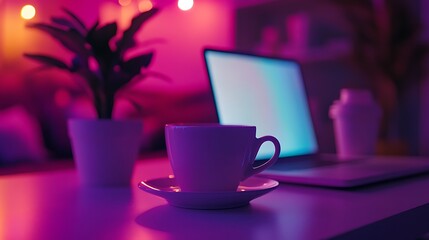 Fototapeta premium Close up of white coffee cup on desk with blurred laptop in dark moody lighting
