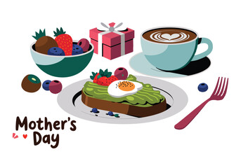 Mothers Day Breakfast with Avocado Toast, Coffee, Berries, and Gift Box in Flat Vector Style