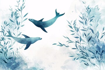 Serene Watercolor Seals Swimming Amongst Aquatic Plants Teal Ocean Life Artwork