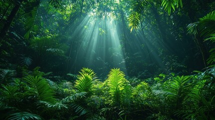 Sunbeams illuminate lush green jungle foliage.