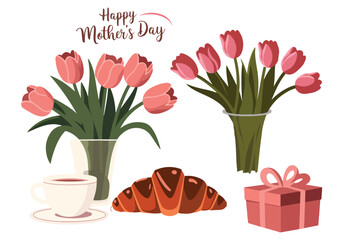 Mothers Day Scene with Tulip Bouquets, Coffee Cup, Croissant, Egg, and Gift Box Illustration
