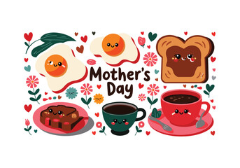 Cute Mothers Day Breakfast with Kawaii Eggs, Toast, Brownie, Coffee Cups, Hearts, and Flowers