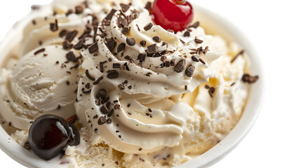 Ice cream sundae with whipped cream chocolate shavings and cherries