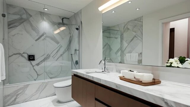 White bathroom marble countertop on blurred window background, a luxury marble tabletop with toiletries, modern bathroom ideas, created with generative ai