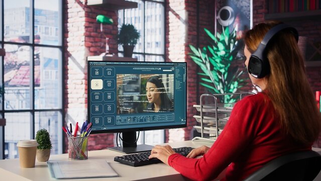Mature developer coding cloud computing with AI chatbot on pc, working from her home and focuses on the software development process for productivity and innovation. Prompts for code. Camera B.