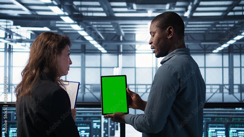 Aufkleber server room data scientists using mockup tablet, conducting security audits to prevent bugs. african