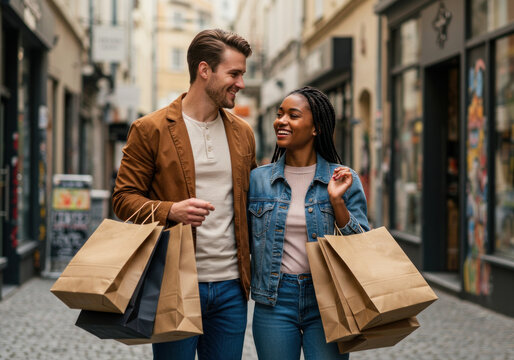 Couple walking with shopping bags down urban street, busy city backdrop.