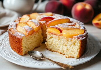 Freshly Baked Peach Cake with Slices of Juicy Peaches Topped with Powdered Sugar on a Decorative Plate Surrounded by Ripe Peaches