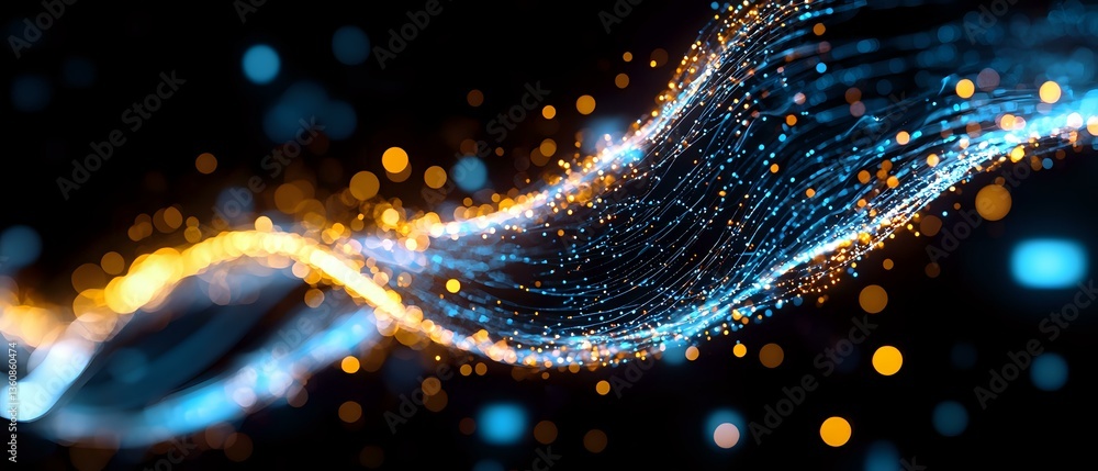 Poster glowing blue and gold energy waves with sparkling particles flow against dark background, creating d
