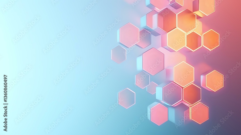 Poster Gradient colored hexagonal shapes floating on blurred background with soft pink and blue tones create modern abstract composition for tech and science designs.