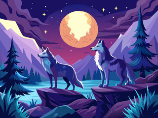 vector of two wolves facing full moon under starry night sky