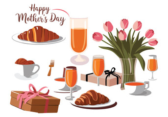 Mothers Day Breakfast with Croissants, Juice, Tea, Tulips, and Wrapped Gift Boxes Illustration