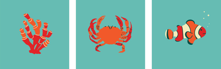 Set with sea animals: crab, clown fish, coral. Vector illustration