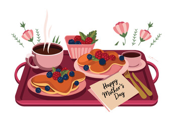 Mothers Day Breakfast Tray with Heart Pancakes, Coffee, Berries, Flowers, and Greeting Note