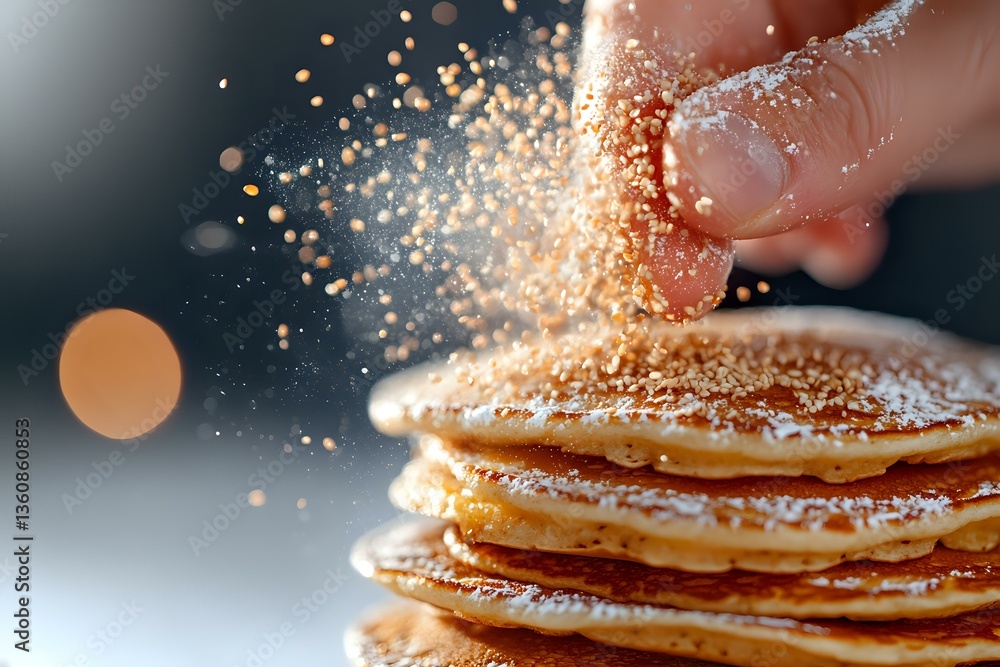 Poster stack of fresh homemade pancakes with powdered sugar being sprinkled from fingers above, captured in