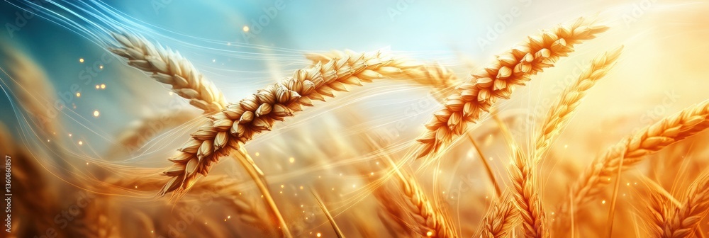 Poster surreal transformation of golden wheat into glowing energy waves in a dreamy abstract landscape gene