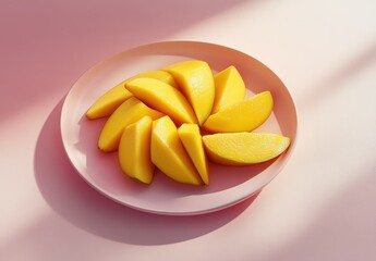 Freshly Cut Mango Slices on a Soft Pink Plate with Natural Light and Gentle Shadows for a Vibrant Summer Feel and Healthy Snack Inspiration
