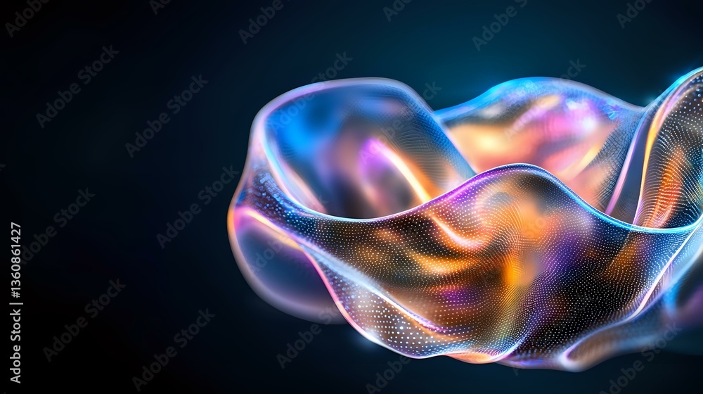 Aufkleber flowing digital wave visualization with iridescent colors and particle mesh structure on dark backgr