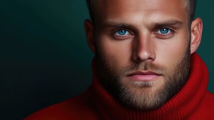 Fototapeta premium Close-up portrait of a man with striking blue eyes and a red turtleneck