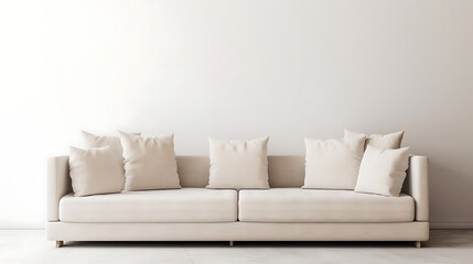A white couch with pillows on it is sitting in front of a white wall