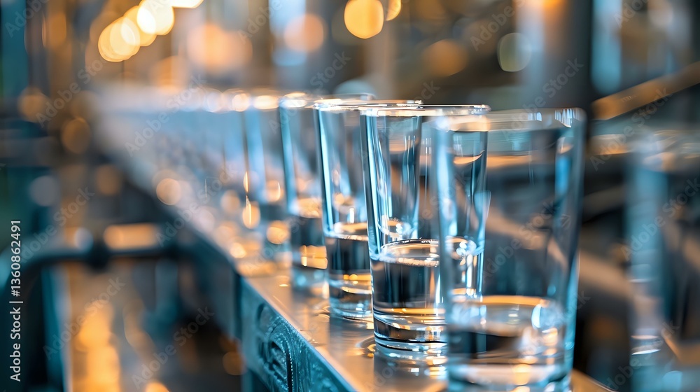 Poster shot glasses lined up on bar counter with golden bokeh lights creating atmospheric mood, shallow dep