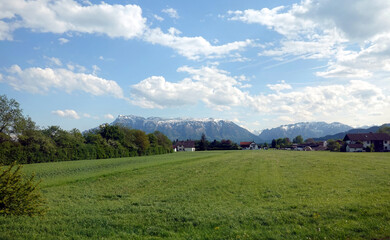 Typical austrian countryside landscape with village after blooming meadows and high snow tops mountains at far away under blue sky with white clouds on bright sunny day