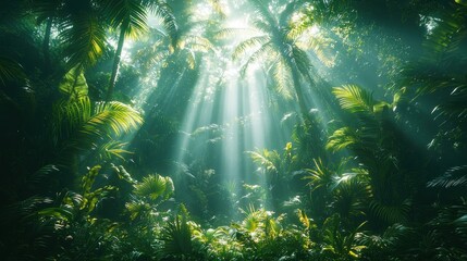 Obraz premium Sunbeams illuminate lush tropical jungle.