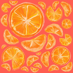 Orange fruit pattern wallpaper background  slices on peach pink summer colors 