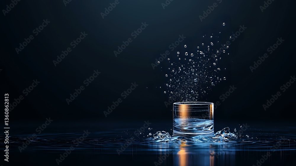 Poster glowing whiskey glass with splashing water drops and dynamic liquid motion on dark background creati