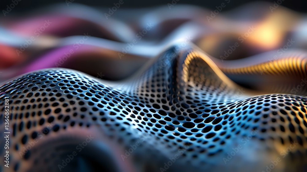 Poster futuristic metallic mesh surface with colorful gradient lighting effects creates dynamic wave patter