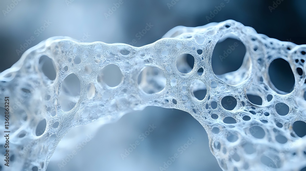 Poster microscopic view of bone tissue structure showing porous trabecular architecture in cool blue tones.