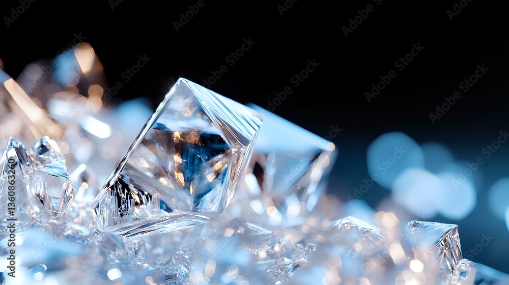 Poster macro view of natural ice crystals with geometric shapes and sharp edges against dark background wit