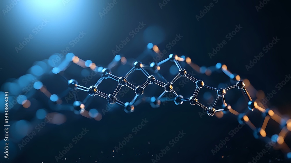 Poster glowing molecular structure with interconnected atoms and bonds floating in dark blue space with bok