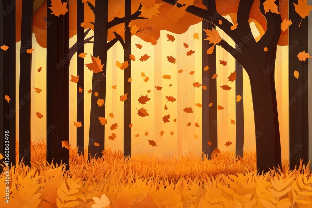 Poster layered paper cut autumn forest with golden leaves and soft light creating a cozy seasonal atmospher