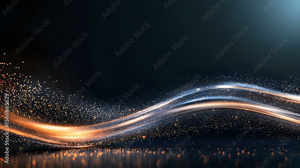 Poster glowing orange and white light waves flow through dark space with sparkling particles, creating dyna