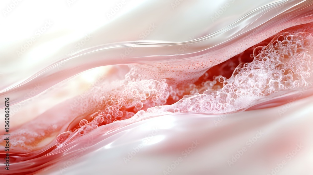 Poster flowing abstract red and white waves with dynamic fluid motion and bubbling foam texture create mesm