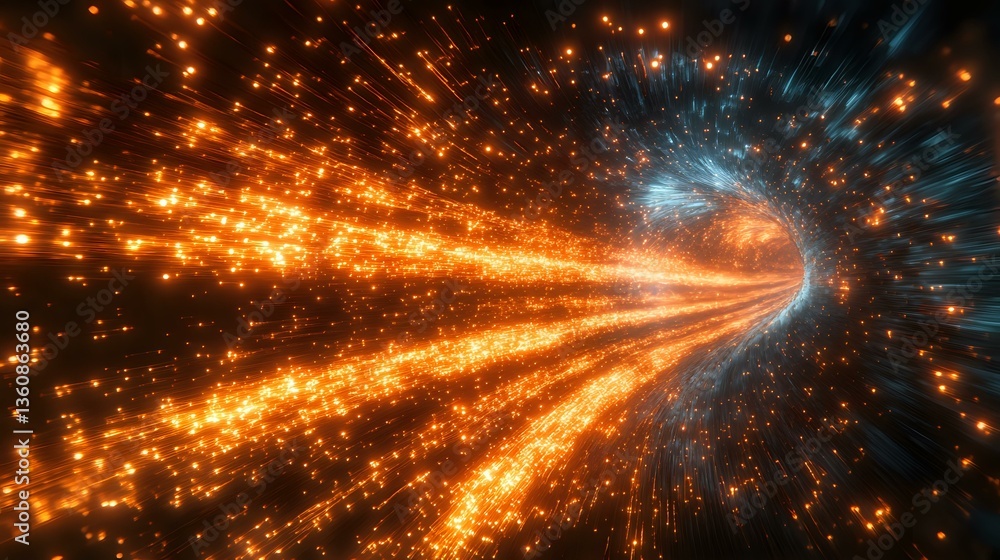 Poster dynamic light tunnel with glowing orange and blue energy streams creating futuristic wormhole effect