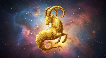 Golden Sea Goat Illustration Against Cosmic Nebula Background Astrology Concept