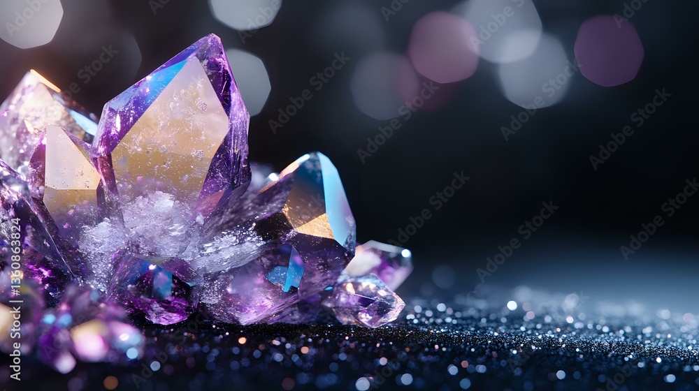 Poster magical purple and blue crystal cluster with raw amethyst points emerging from dark background with 