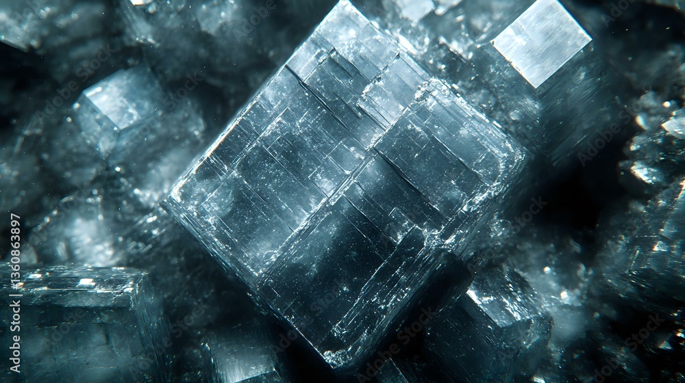 Poster macro shot of natural cubic halite salt crystals with translucent structure against dark background 