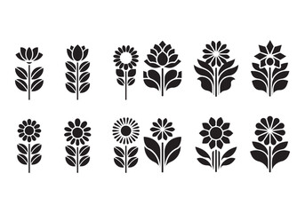 Floral Silhouette Icons Set with Decorative Flowers, Leaves, and Stems in Black Vector Style