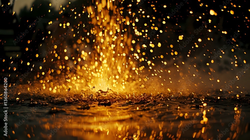 Aufkleber dramatic golden rain drops splashing on dark reflective surface with bokeh light effects creating ma