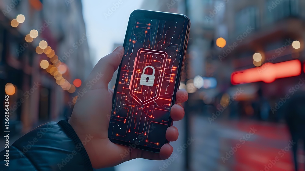 Poster smartphone displaying digital security lock icon on glowing red circuit pattern against blurred urba